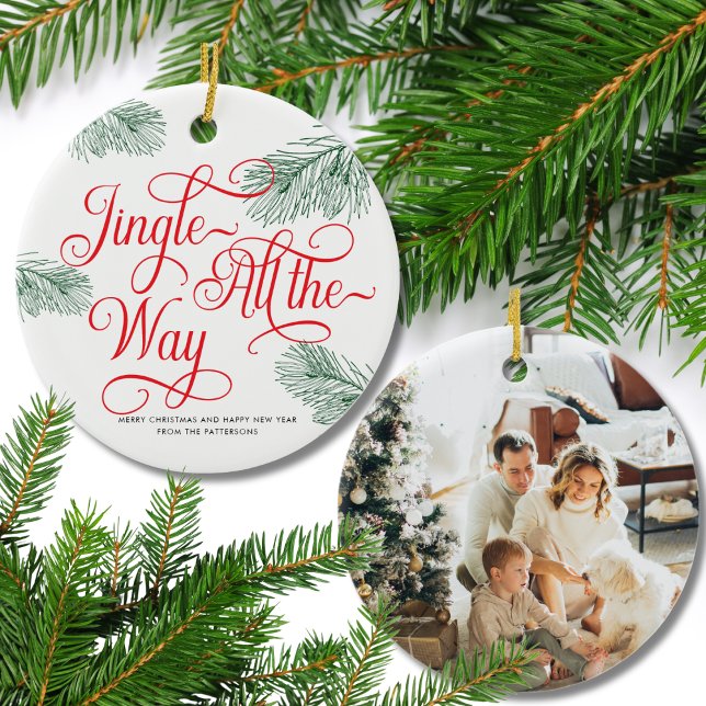 Elegant Greenery Red Calligraphy Christmas Ceramic Ornament (Creator Uploaded)