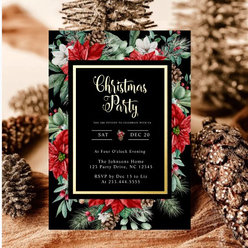 Elegant Greenery Red Poinsettia Christmas Party Foil Invitation