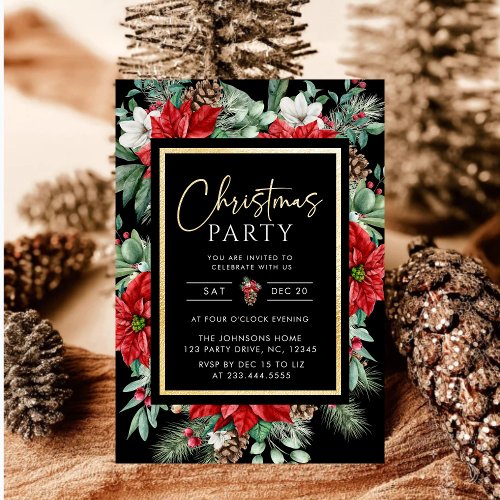 Elegant Greenery Red Poinsettia  Christmas Party Invitation