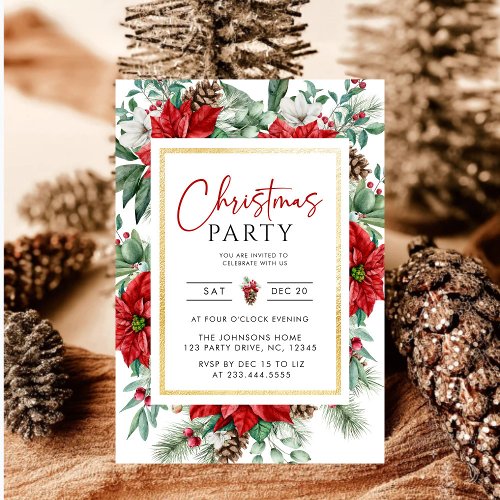 Elegant Greenery Red Poinsettia Christmas Party Invitation