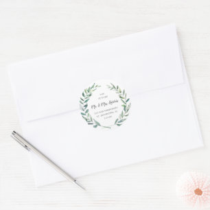 Elegant Greenery Return Address Rustic Wedding Classic Round Sticker