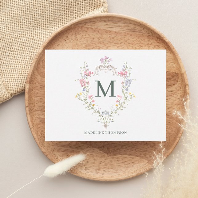 Elegant Greenery Rococo Floral Crest Monogram Note Card (Creator Uploaded)