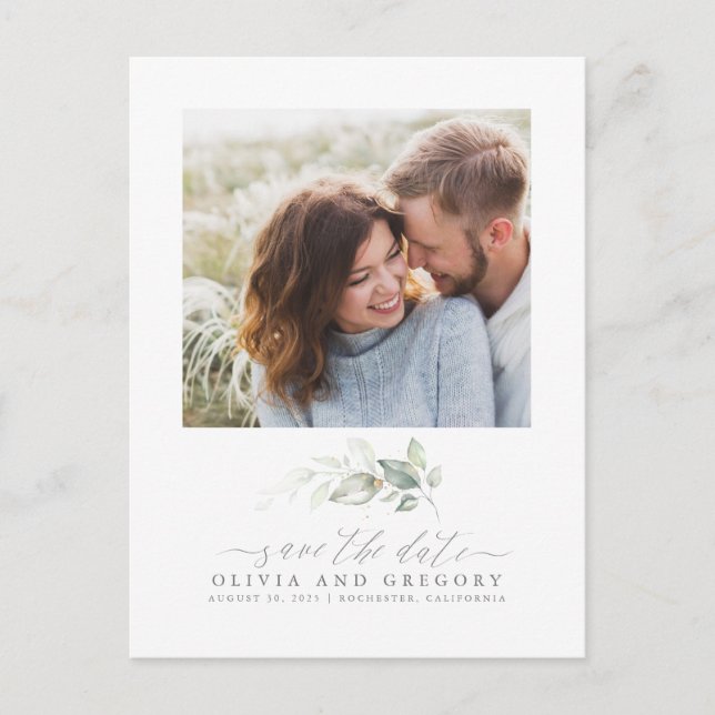 Elegant Greenery Romantic Save the Date Photo Announcement Postcard (Front)