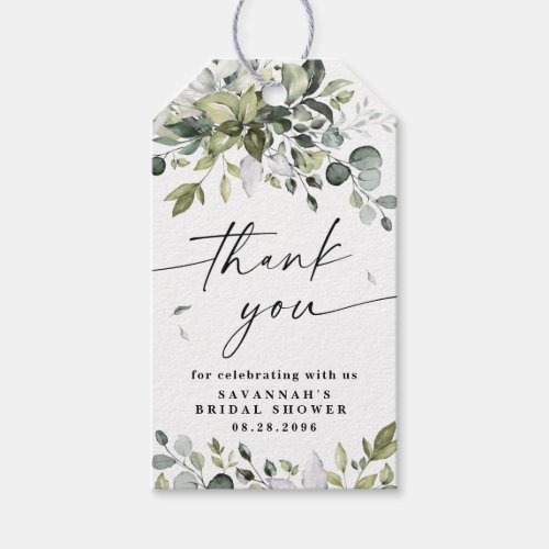Elegant Greenery Rustic Eucalyptus Thank You Favor Gift Tags - Design features elegant watercolor greenery eucalyptus , olive branches, and other leafy elements.  "Thank you" is printed in a modern stylish font surrounded by a few small falling leaves.  The back has a matching botanical wreath design.