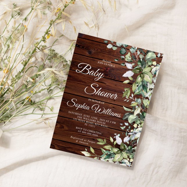 Elegant Greenery Rustic Wood Baby Shower Invitation (Creator Uploaded)