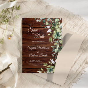 Elegant Greenery Rustic Wood Save The Date Invite