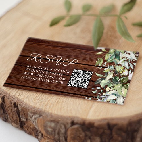 Elegant Greenery Rustic Wood Wedding QR Code RSVP Enclosure Card