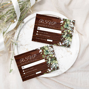 Elegant Greenery Rustic  Wood Wedding RSVP Card