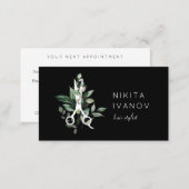 Elegant Greenery Salon Scissors Logo Appointment Business Card (Front/Back)