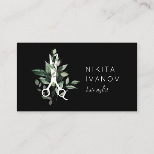 Customizable Elegant Greenery Salon Scissors Logo Appointment Business Card