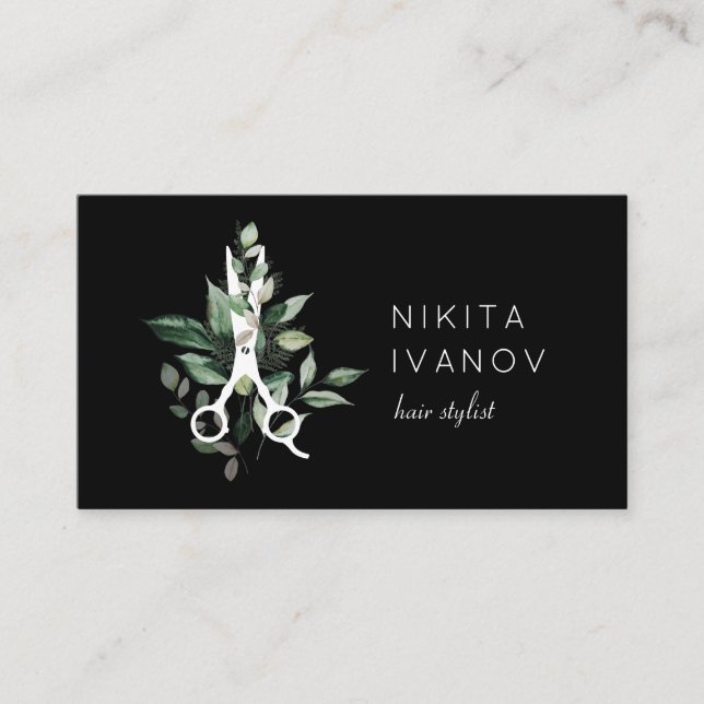 Elegant Greenery Salon Scissors Logo Appointment Business Card (Front)