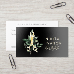 Elegant Greenery Salon Scissors Logo Appointment Foil Spot Gloss Business Cards