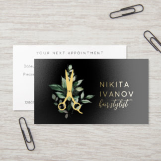Elegant Greenery Salon Scissors Logo Appointment Foil Spot Gloss Business Cards
