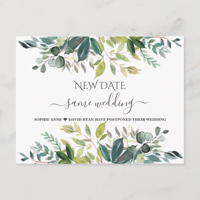 Elegant Greenery Same Wedding New Date Update Postcard (Front)