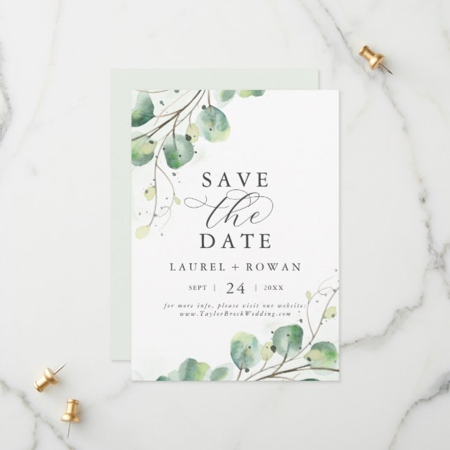 Elegant Greenery Save the Date Announcement Card (Front/Back In Situ)
