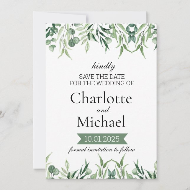Elegant Greenery Save the Date Template  (Front)