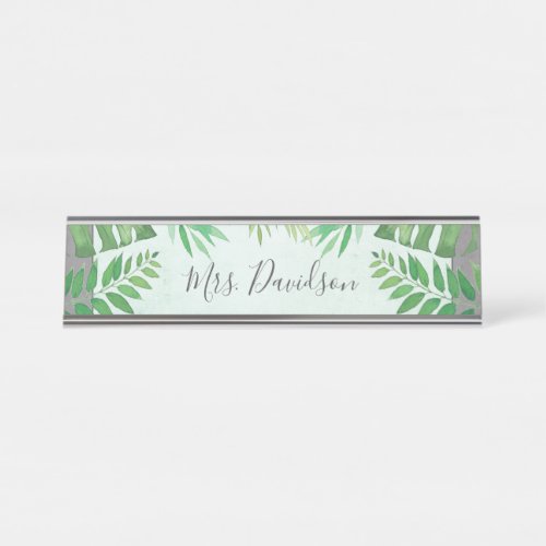 Elegant Greenery School Educator Teacher Monogram Desk Name Plate