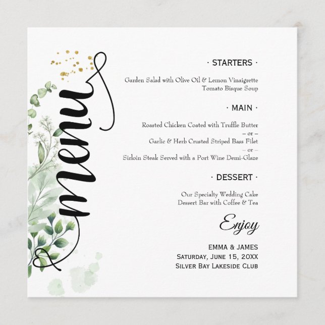 Elegant Greenery Script Round Wedding Flat Menu (Front)