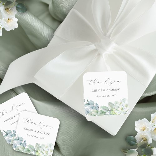 Elegant Greenery Script Thank You Wedding Favor Square Sticker