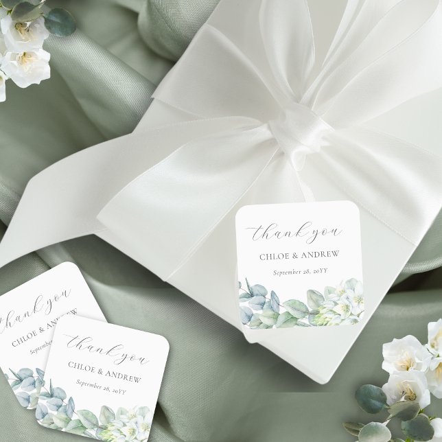 Elegant Greenery Script Thank You Wedding Favor Square Sticker (These thank you stickers are perfect for wedding favors for couples who love a fine art wedding look)