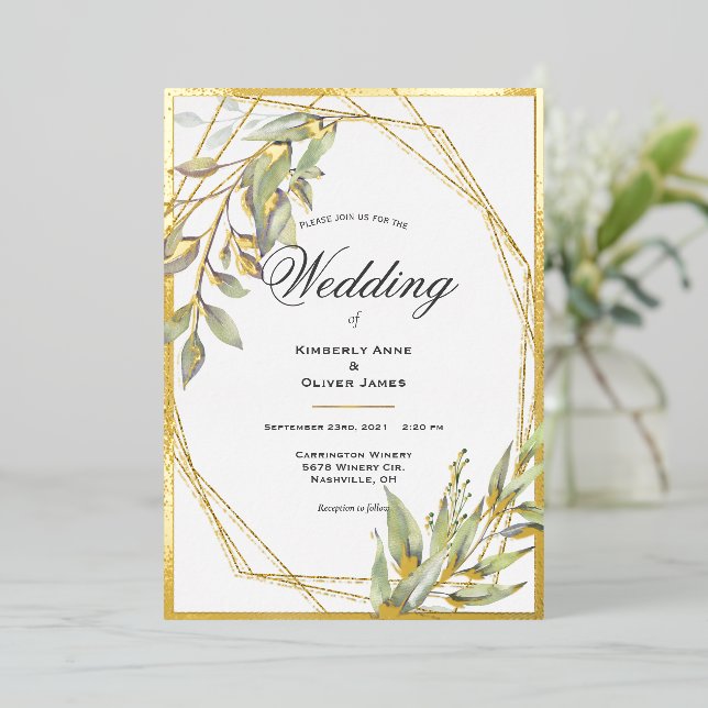 Elegant Greenery Script Wedding  Foil Invitation (Standing Front)