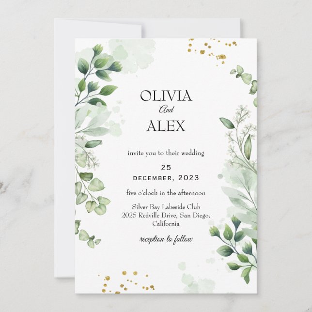 Elegant Greenery Script Wedding Invitation (Front)