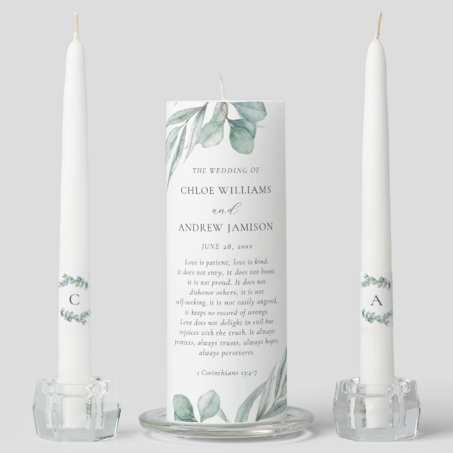 Elegant Greenery Simple Christian Wedding Unity Candle Set (Front)