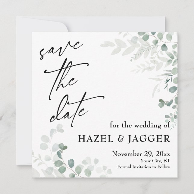 Elegant Greenery Simple, Contemporary Typography  Save The Date (Front)