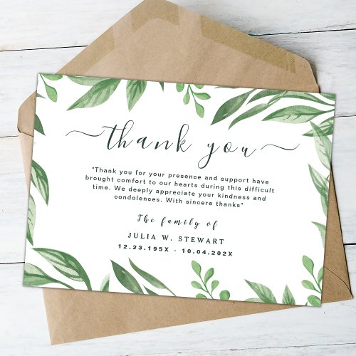 Elegant Greenery Simple Funeral Thank You Note Card