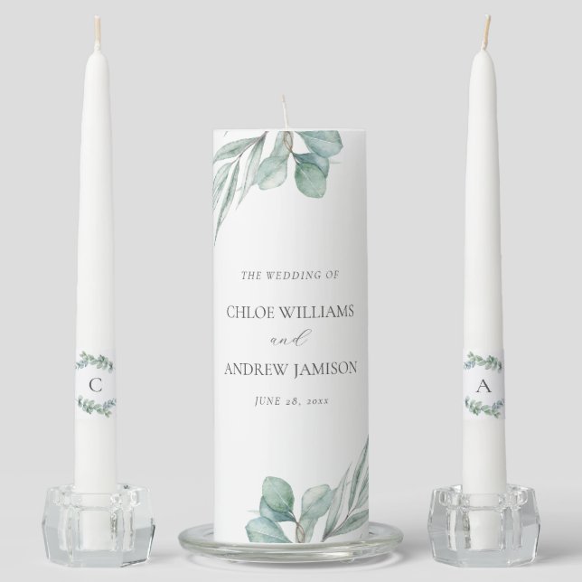 Elegant Greenery Simple Modern Wedding Unity Candle Set (Front)
