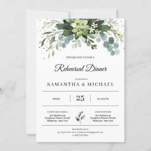 Elegant greenery succulent leaves floral rehearsal invitation