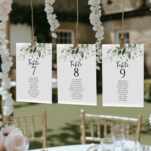 Elegant greenery table number seating chart cards