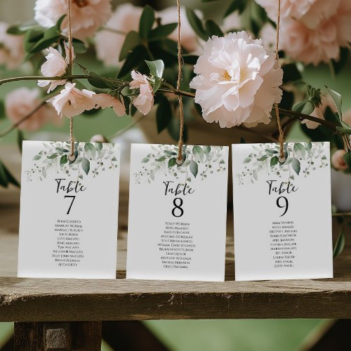 Elegant greenery table number seating chart cards
