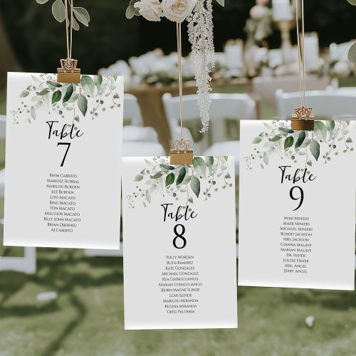 Elegant greenery table number seating chart cards