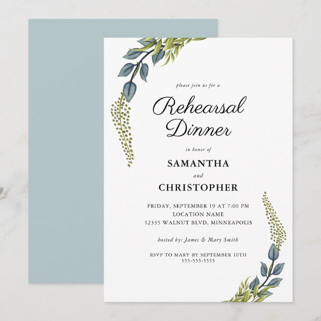 Elegant Greenery Teal and Green Rehearsal Dinner Invitation (Front/Back)