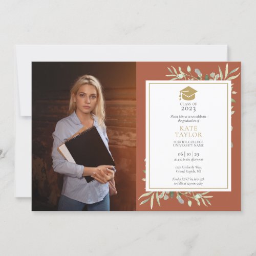 Elegant Greenery Terracotta Graduation Party Photo Invitation