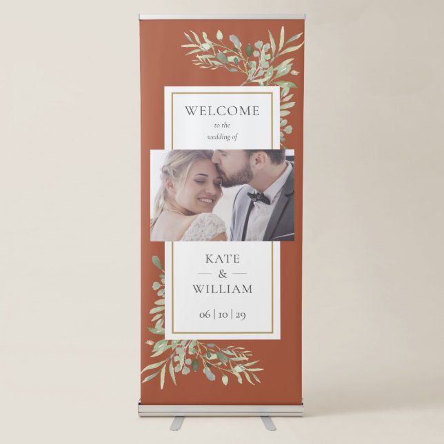 Elegant Greenery Terracotta Photo Wedding Welcome Retractable Banner (Front)