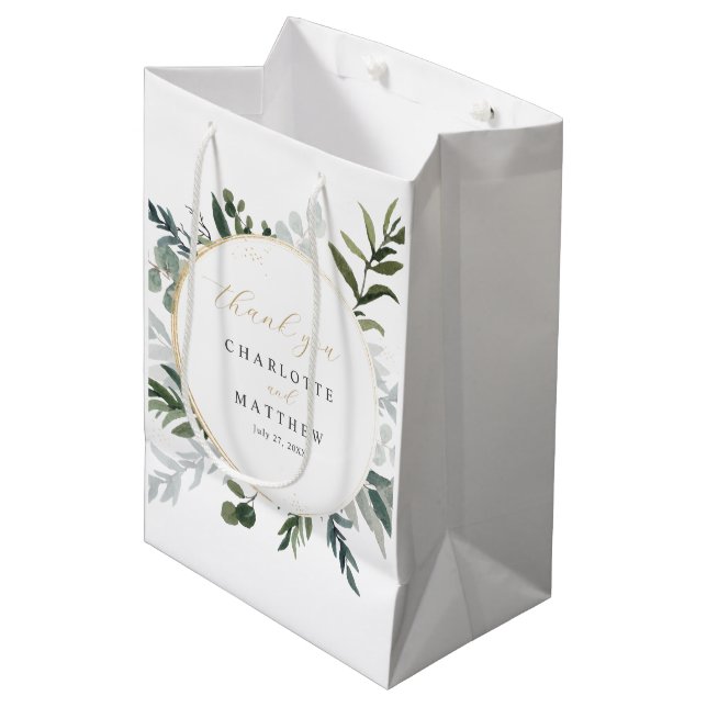 Elegant Greenery | Thank You Gold Wedding  Medium Gift Bag (Front Angled)