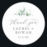 Elegant Greenery Thank You Wedding Favor Sticker<br><div class="desc">These elegant greenery thank you wedding favor stickers are perfect for a simple wedding reception. The modern elegant design features a natural botanical arrangement of eucalyptus, leaves and plants with a subtle mint green watercolor wash accent. Personalize the sticker labels with your names, the event (if applicable), and the date....</div>