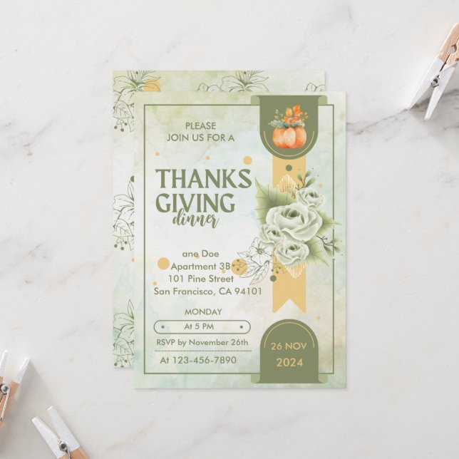 elegant greenery thanksgiving Rustic Dinner Invitation (Front/Back In Situ)