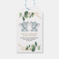 Elegant Greenery Twin Elephant Co-Ed Baby Shower Gift Tags