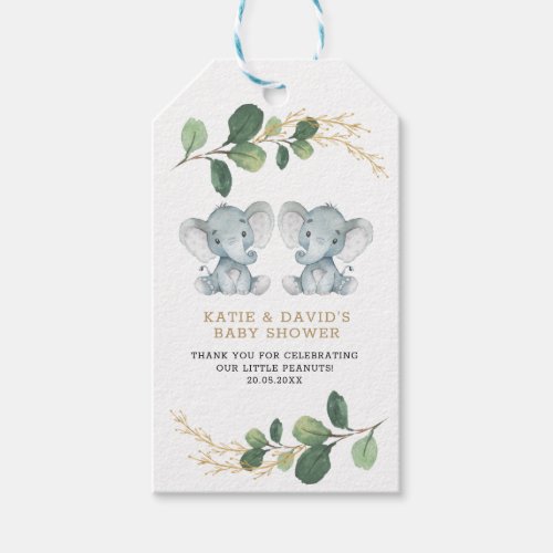 Elegant Greenery Twin Elephant Co_Ed Baby Shower Gift Tags