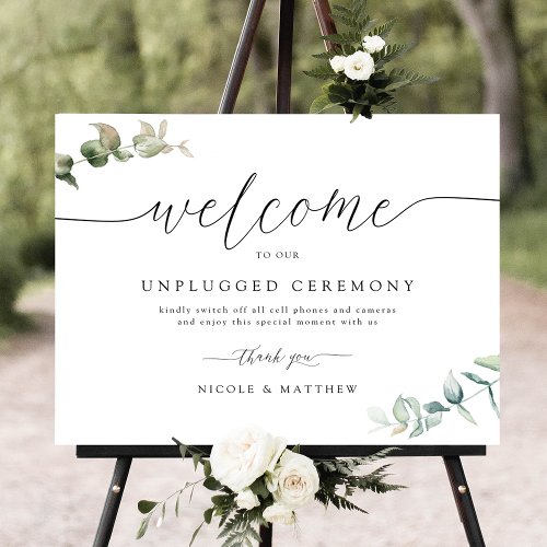 Elegant Greenery Unplugged Ceremony Sign