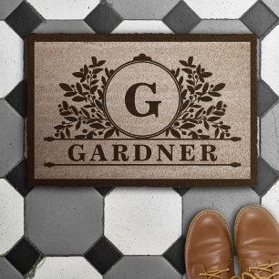 Elegant Greenery Vintage Monogram & Name Fiber Doormat