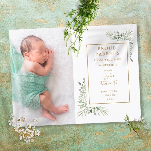 Elegant Greenery Watercolor Baby Photo  Birth  Announcement Postcard