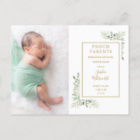 Elegant Greenery Watercolor Baby Photo  Birth  Announcement Postcard
