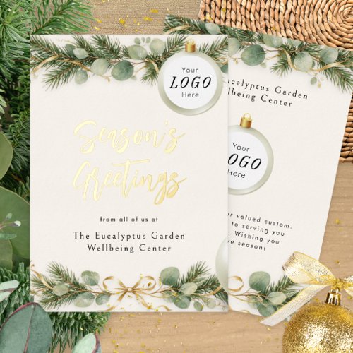 Elegant Greenery Watercolor Business Custom Flat Foil Holiday Card