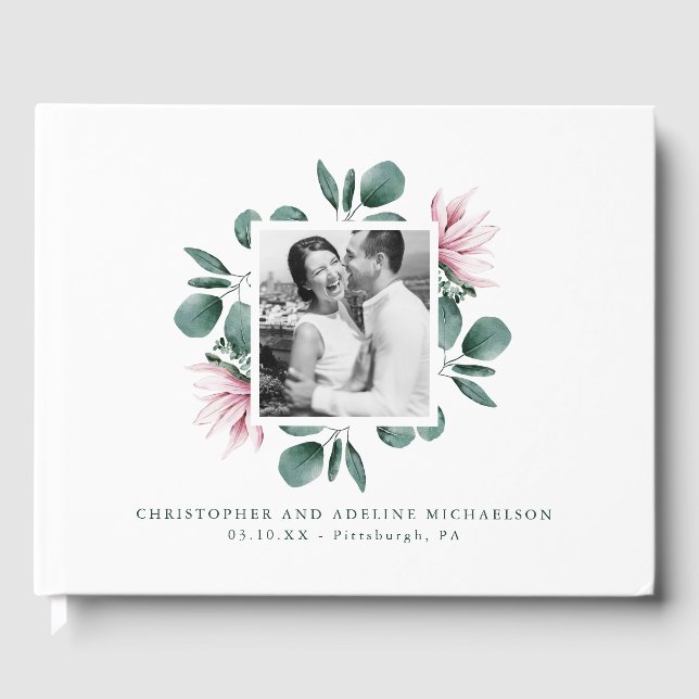 Elegant Greenery Watercolor Frame Photo Wedding Guest Book (Front)