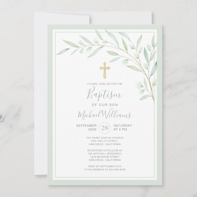 Elegant Greenery Watercolor Gender Neutral Baptism Invitation (Front)