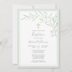 Elegant Greenery Watercolor Gender Neutral Baptism Invitation